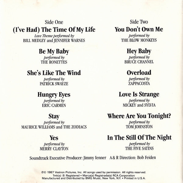 Various : Dirty Dancing (Original Soundtrack From The Vestron Motion Picture) (Album,Compilation)