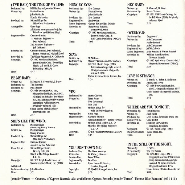 Various : Dirty Dancing (Original Soundtrack From The Vestron Motion Picture) (Album,Compilation)