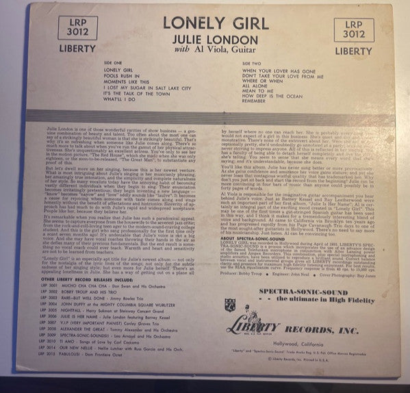 Julie London : Lonely Girl (LP,Album,Mono)