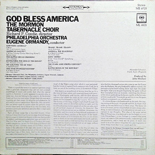 Mormon Tabernacle Choir, Richard P. Condie / Philadelphia Orchestra, The, Eugene Ormandy : God Bless America (LP,Album,Stereo)