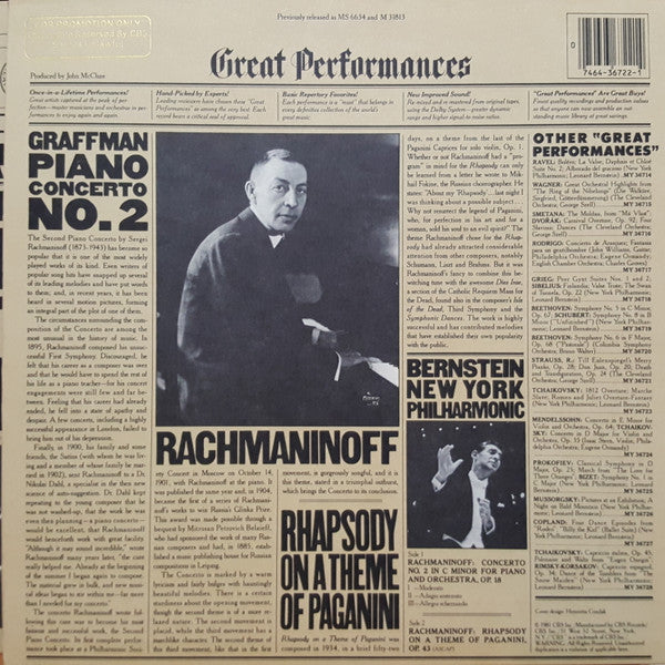 Sergei Vasilyevich Rachmaninoff - Gary Graffman, Leonard Bernstein, New York Philharmonic : Piano Concerto No. 2 / Rhapsody On A Theme Of Paganini (LP,Reissue,Remastered)