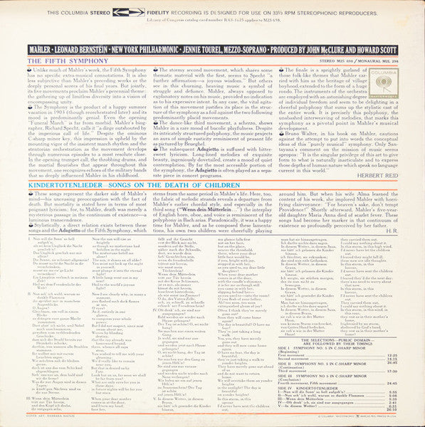 Gustav Mahler - Leonard Bernstein · New York Philharmonic, Jennie Tourel : Symphony No. 5 In C-Sharp Minor / Kindertotenlieder (LP,Album,Reissue,Stereo)