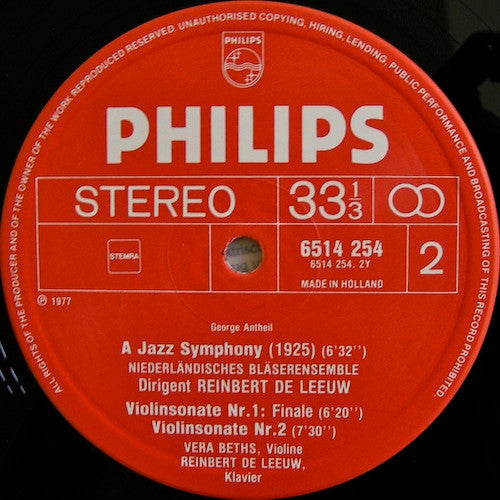 George Antheil - Vera Beths, Reinbert de Leeuw, Nederlands Blazers Ensemble : Ballet Mécanique / A Jazz Symphony / Violin Sonatas No. 1 & 2 (LP,Reissue)