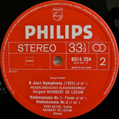 George Antheil - Vera Beths, Reinbert de Leeuw, Nederlands Blazers Ensemble : Ballet Mécanique / A Jazz Symphony / Violin Sonatas No. 1 & 2 (LP,Reissue)