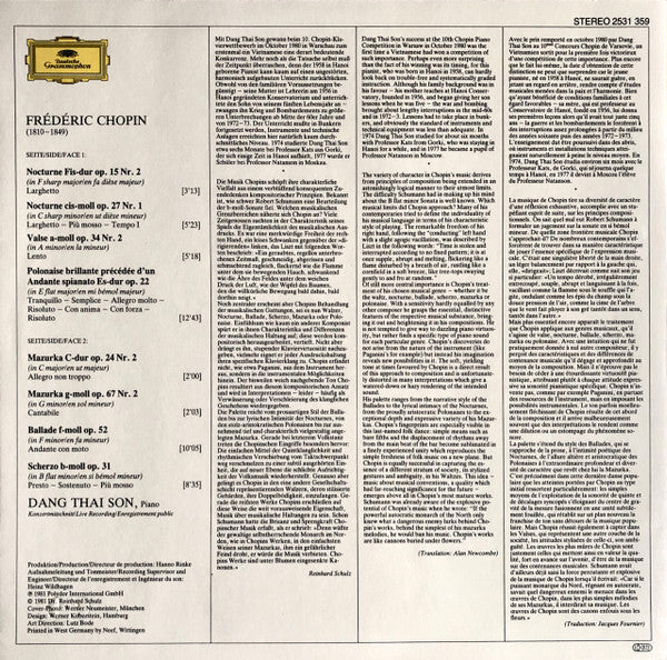 Frédéric Chopin, Dang Thai Son : Andante Spianato Et Grande Polonaise Brillante Op. 22 / Nocturnes · Valse · Mazurkas · Ballade · Scherzo (LP)