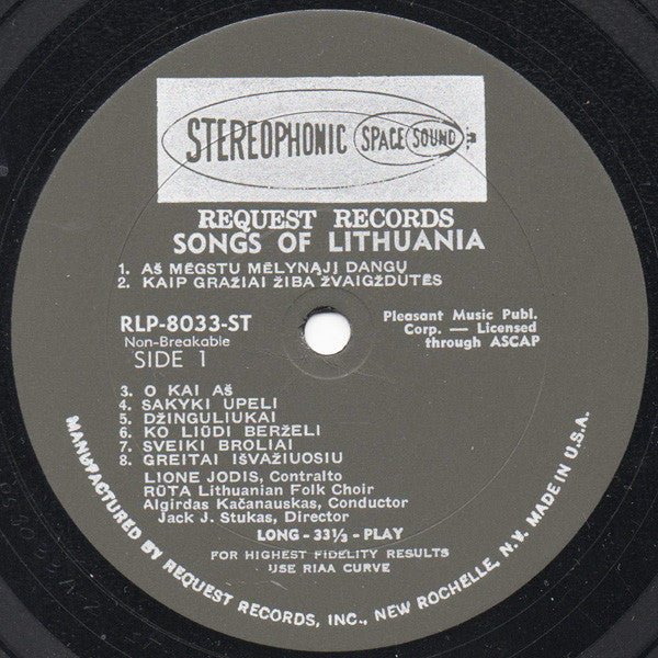 Lionė Juodytė, Rūta (4) : Dainos Iš Lietuvos = Songs Of Lithuania (LP,Album,Stereo)