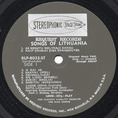 Lionė Juodytė, Rūta (4) : Dainos Iš Lietuvos = Songs Of Lithuania (LP,Album,Stereo)