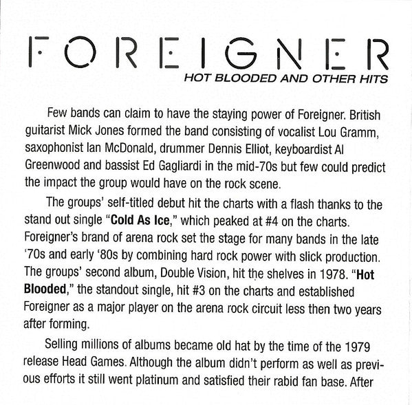 Foreigner : Hot Blooded And Other Hits (Compilation,Remastered)