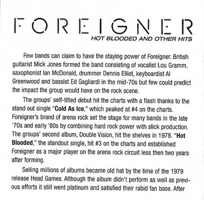 Foreigner : Hot Blooded And Other Hits (Compilation,Remastered)