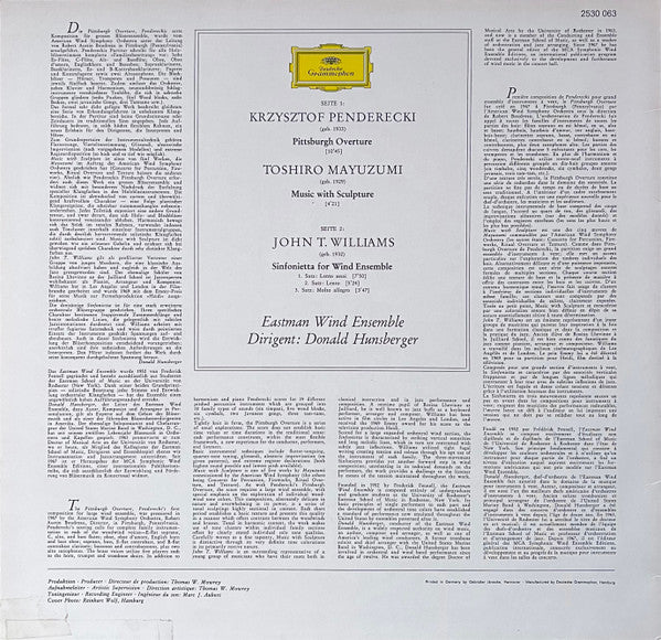 Krzysztof Penderecki / Toshiro Mayuzumi / John Williams (4) - Eastman Wind Ensemble ▪ Donald Hunsberger : Pittsburgh Overture / Music With Sculpture / Sinfonietta For Wind Ensemble (LP,Stereo)
