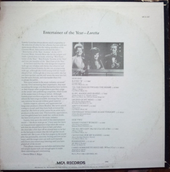 Loretta Lynn : Entertainer Of The Year - Loretta (LP,Album,Club Edition)