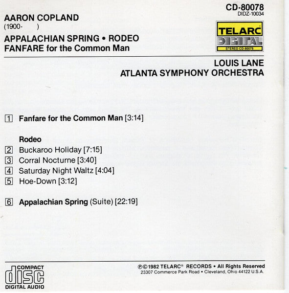 Aaron Copland - Louis Lane, Atlanta Symphony Orchestra : Appalachian Spring • Rodeo • Fanfare For The Common Man (Album)
