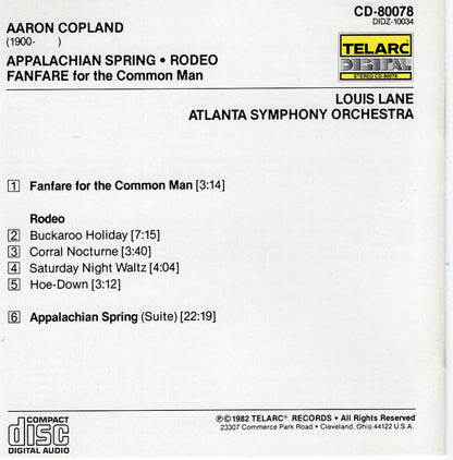 Aaron Copland - Louis Lane, Atlanta Symphony Orchestra : Appalachian Spring • Rodeo • Fanfare For The Common Man (Album)