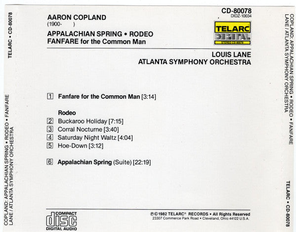 Aaron Copland - Louis Lane, Atlanta Symphony Orchestra : Appalachian Spring • Rodeo • Fanfare For The Common Man (Album)