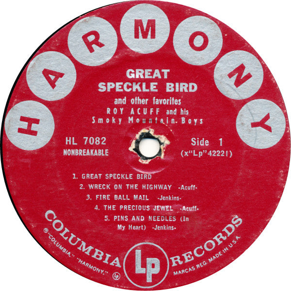 Roy Acuff And His Smoky Mountain Boys : Great Speckle Bird And Other Favorites (LP,Compilation,Mono)