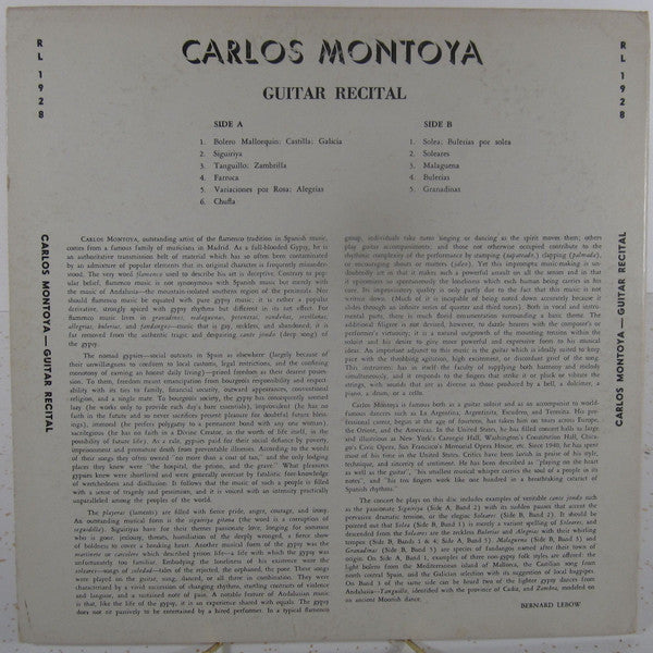 Carlos Montoya : Guitar Recital (LP,Album,Mono)