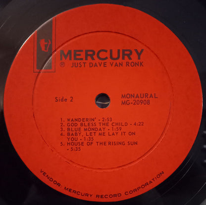 Dave Van Ronk : Just Dave Van Ronk (LP,Album,Mono)