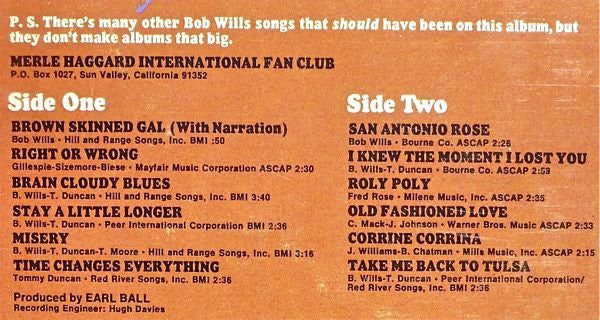 Merle Haggard : A Tribute To The Best Damn Fiddle Player In The World: Or, My Salute To Bob Wills (LP,Album)