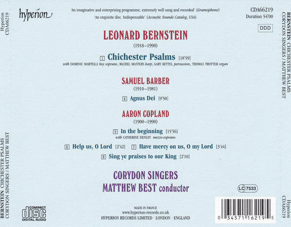 Leonard Bernstein, Aaron Copland, Samuel Barber, Corydon Singers Conducted By Matthew Best (2) : Bernstein: Chichester Psalms / Copland: In The Beginning & Three Motets / Barber: Agnus Dei (Stereo)