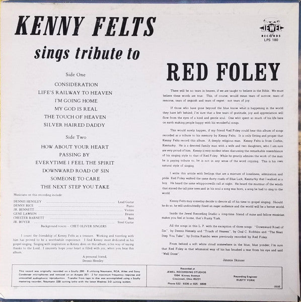Kenny Felts : Sings Tribute To Red Foley (LP,Stereo)