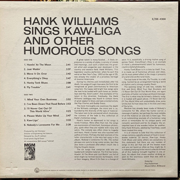 Hank Williams : Sings Kaw-Liga And Other Humorous Songs (LP,Compilation,Mono)