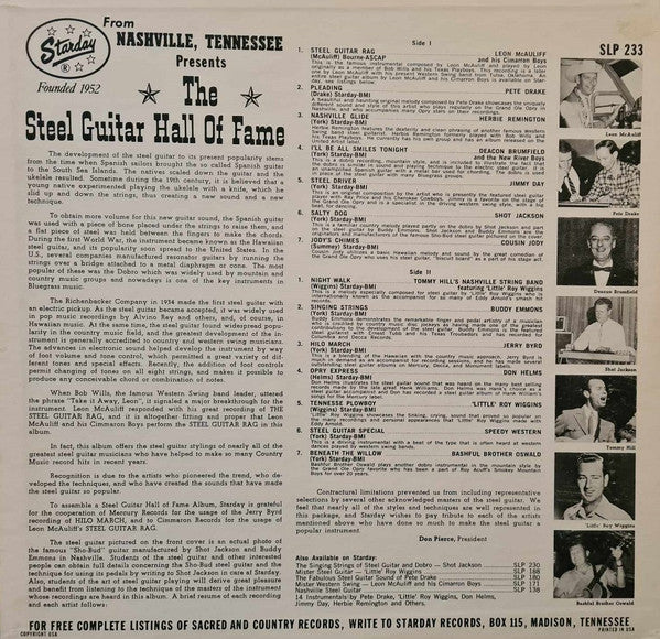 Various : The Steel Guitar Hall Of Fame (LP,Compilation,Mono)