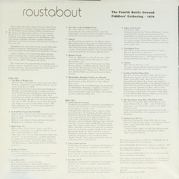 Gilmour Bros., The, Paul Goetz, Howie James, Jay Round, Artie P. Crowder & The Tennessee Railsplitters, Jim Steigmeyer, Dan Gellert (2), Creation (7), Marti Pizzini, Rain-Crow Countryside Band, The : Roustabout - The Fourth Battle Ground Fiddlers' Gathering - 1976 (12",33 ⅓ RPM)
