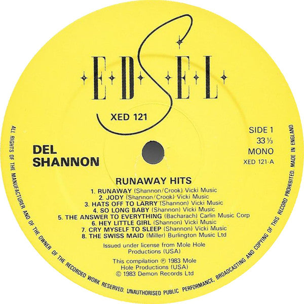 Del Shannon : Runaway Hits (LP,Compilation,Mono)