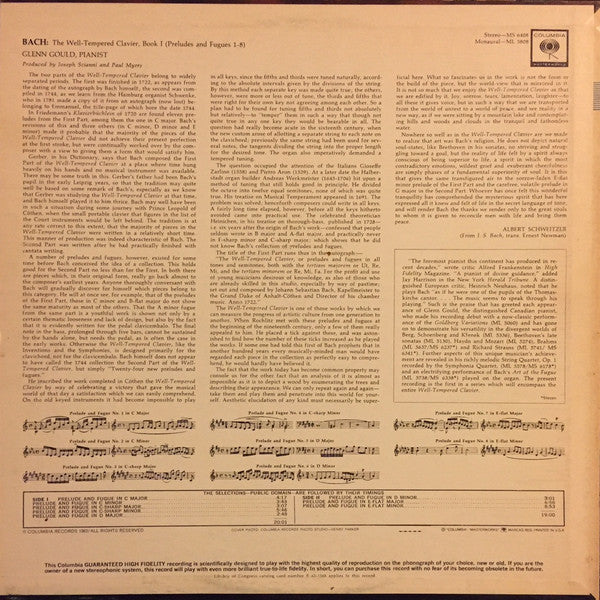 Johann Sebastian Bach / Glenn Gould : The Well-Tempered Clavier, Book I, Preludes And Fugues 1-8 (LP,Album,Mono)