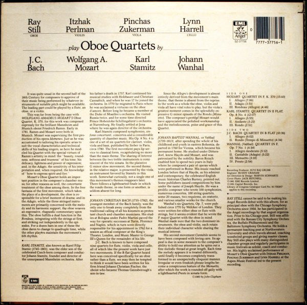Johann Christian Bach, Wolfgang Amadeus Mozart, Carl Stamitz, Johann Baptist Vanhal / Ray Still • Itzhak Perlman • Pinchas Zukerman • Lynn Harrell : Oboe Quartets (LP,Album)