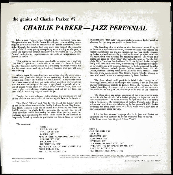 Charlie Parker : Jazz Perennial (LP,Album,Reissue,Mono)