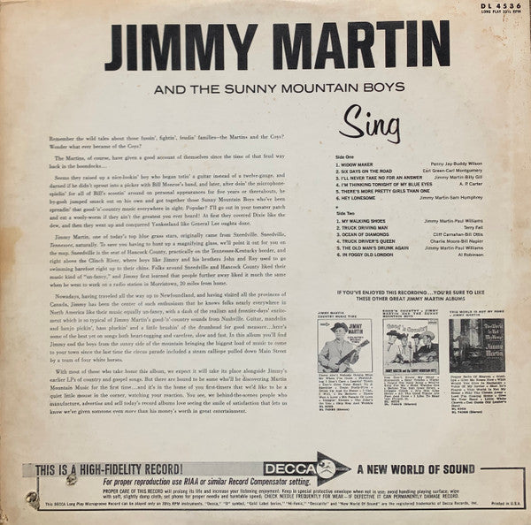Jimmy Martin And Sunny Mountain Boys, The : Sing Widow Maker (LP,Album,Mono)