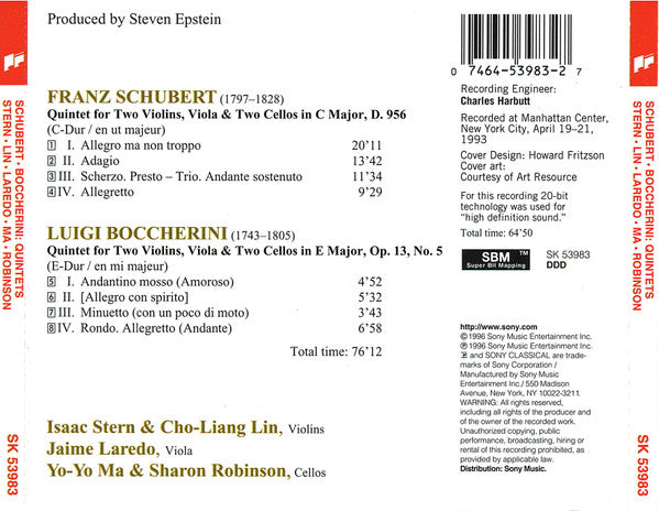 Franz Schubert, Luigi Boccherini, Isaac Stern, Cho-Liang Lin, Jaime Laredo, Yo-Yo Ma, Sharon Robinson (2) : Quintets (Album)