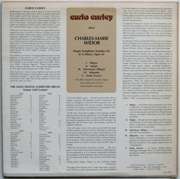 Carlo Curley - Charles-Marie Widor : Carlo Curley Plays Charles-Marie Widor - Organ Symphony Number Six In G Minor, Opus 42 (LP,Album)