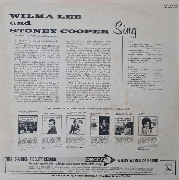 Wilma Lee & Stoney Cooper : Sing (LP,Album,Mono)