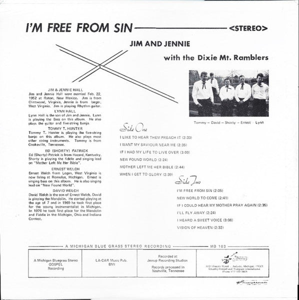 Jim & Jennie Hall With Dixie Mt. Ramblers, The : I'm Free From Sin (LP,Album,Stereo)