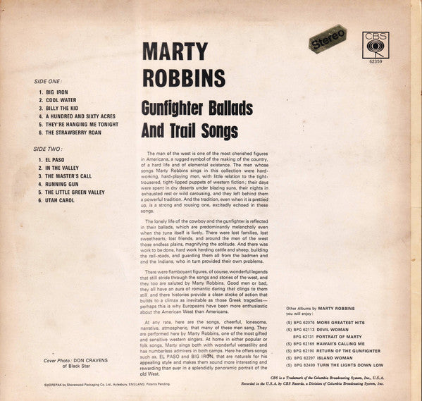 Marty Robbins : Gunfighter Ballads And Trail Songs (LP,Album,Reissue,Stereo)