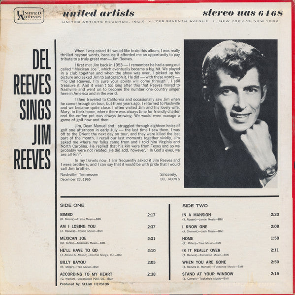 Del Reeves : Del Reeves Sings Jim Reeves (LP,Album,Stereo)