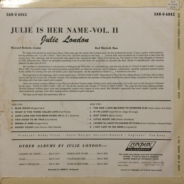 Julie London : Julie Is Her Name Volume II (Album,LP)