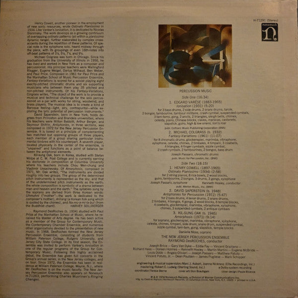 New Jersey Percussion Ensemble, The, Raymond Des Roches, Edgard Varèse, Michael Colgrass, Henry Cowell, David Saperstein, Kil-sung Oak : Percussion Music (LP,Album,Repress,Stereo)
