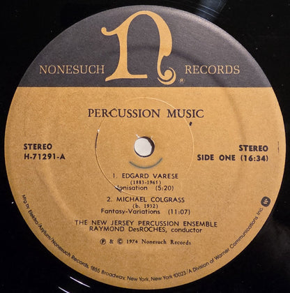 New Jersey Percussion Ensemble, The, Raymond Des Roches, Edgard Varèse, Michael Colgrass, Henry Cowell, David Saperstein, Kil-sung Oak : Percussion Music (LP,Album,Repress,Stereo)