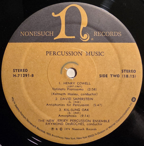 New Jersey Percussion Ensemble, The, Raymond Des Roches, Edgard Varèse, Michael Colgrass, Henry Cowell, David Saperstein, Kil-sung Oak : Percussion Music (LP,Album,Repress,Stereo)