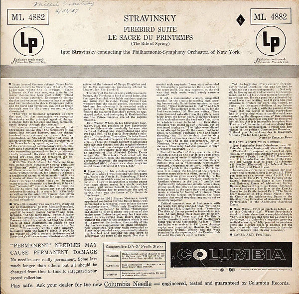 Igor Stravinsky Conducting The Philharmonic-Symphony Orchestra Of New York : Firebird Suite / Le Sacre Du Printemps (LP,Mono)