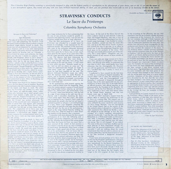 Igor Stravinsky Conducts Columbia Symphony Orchestra : Le Sacre Du Printemps ("The Rite Of Spring") (LP,Album,Mono)