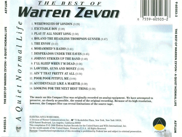 Warren Zevon : A Quiet Normal Life: The Best Of Warren Zevon (Album,Compilation,Repress)