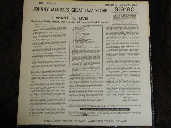 Johnny Mandel : Johnny Mandel's Great Jazz Score I Want To Live! (LP,Album,Stereo)