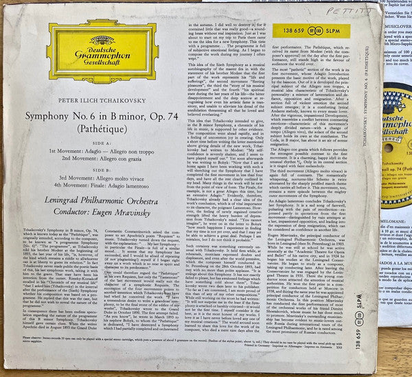 Pyotr Ilyich Tchaikovsky – Leningrad Philharmonic Orchestra, Evgeny Mravinsky : Symphony No. 6 In B Minor, Op. 74 (Pathétique) (LP,Stereo)