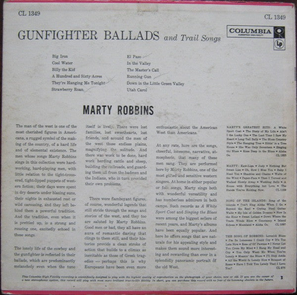 Marty Robbins : Gunfighter Ballads And Trail Songs (LP,Album,Mono)