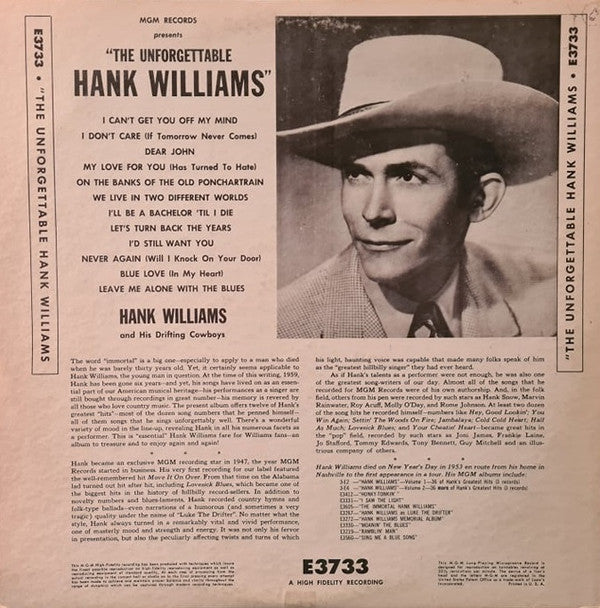 Hank Williams : The Unforgettable Hank Williams (LP,Compilation,Mono,Repress)