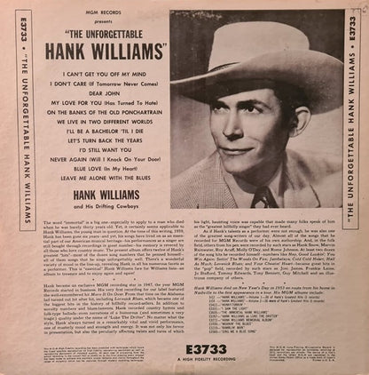 Hank Williams : The Unforgettable Hank Williams (LP,Compilation,Mono,Repress)